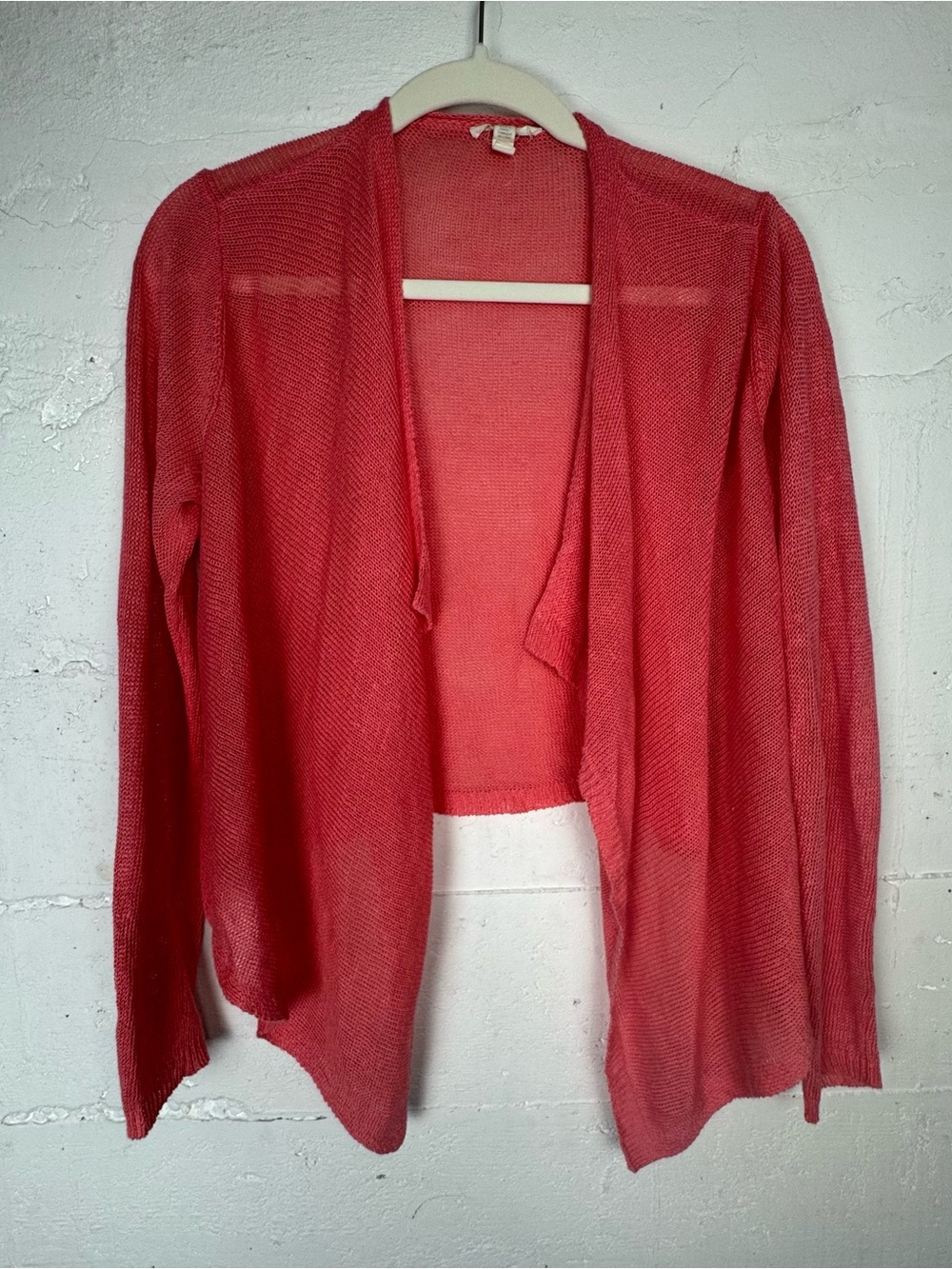 EILEEN FISHER Cardigan L 100% Linen Delave Rib Open Front Draped‎ Sweater Coral